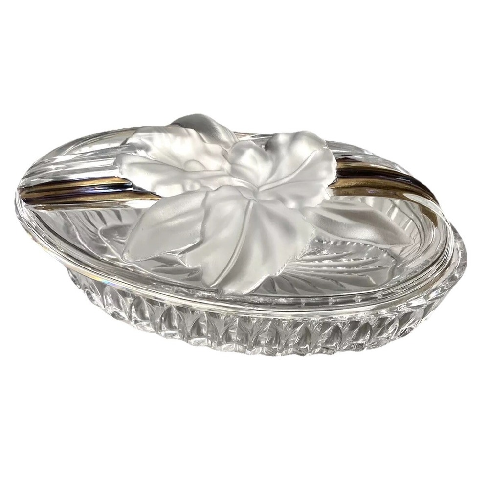 MIKASA Studio Nova Oval with Frosted Iris Trinket Dish w/Gold ribbon Vtg